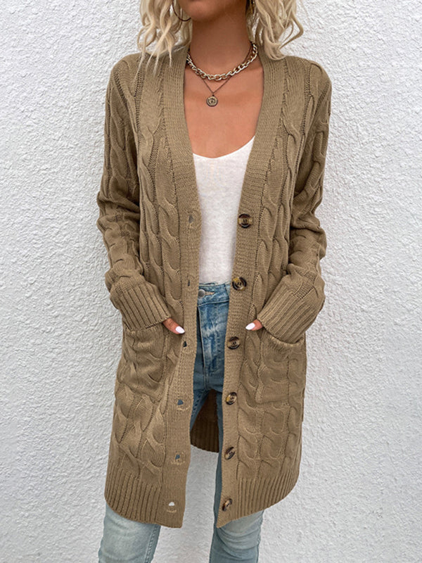 Long Twist Sweater New Arrival Button Straight Pocket Cardigan Khaki