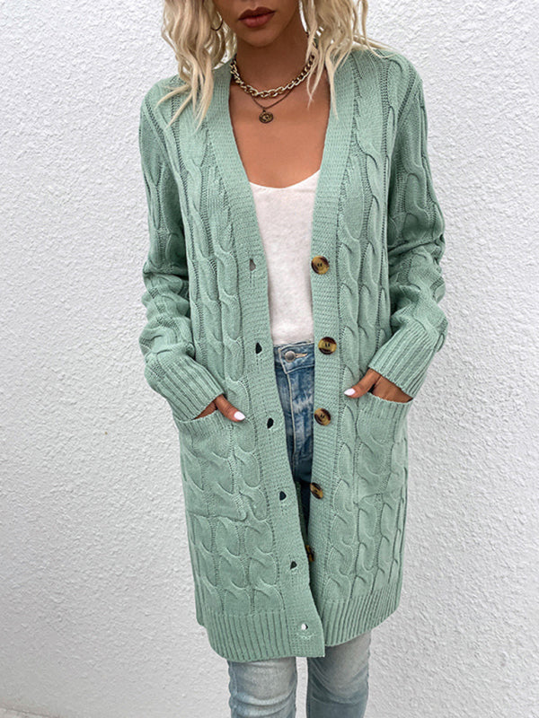 Long Twist Sweater New Arrival Button Straight Pocket Cardigan Pea green grey