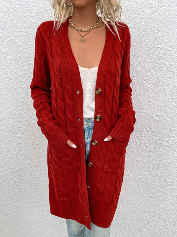 Long Twist Sweater New Arrival Button Straight Pocket Cardigan Red