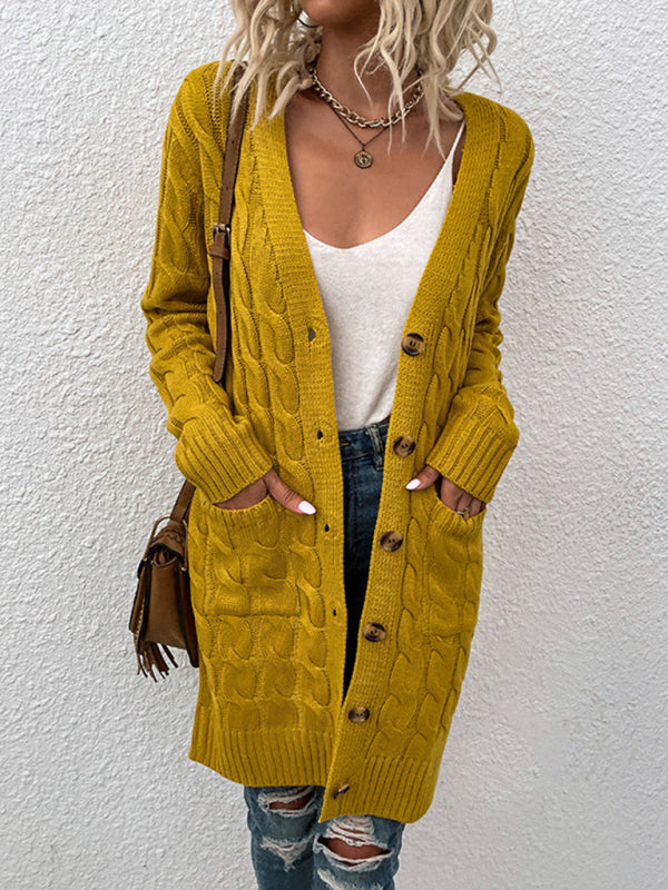 Long Twist Sweater New Arrival Button Straight Pocket Cardigan Yellow