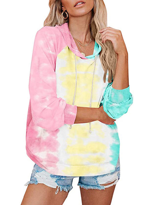 New Ladies Sweatshirt Tie Dye Gradient Color Hooded Loose Top Pink