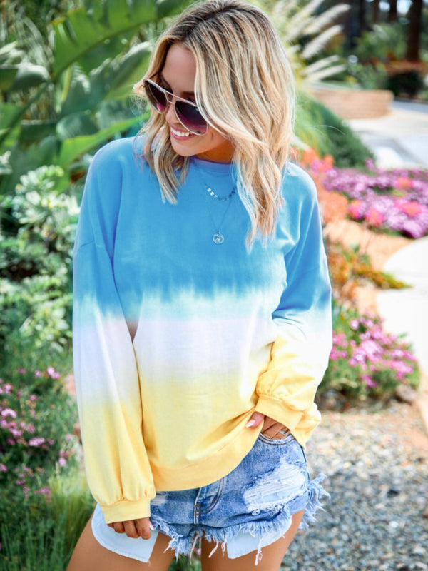 New Ladies Tie Dye Rainbow Gradient Print Long Sleeve Sweatshirt Blue