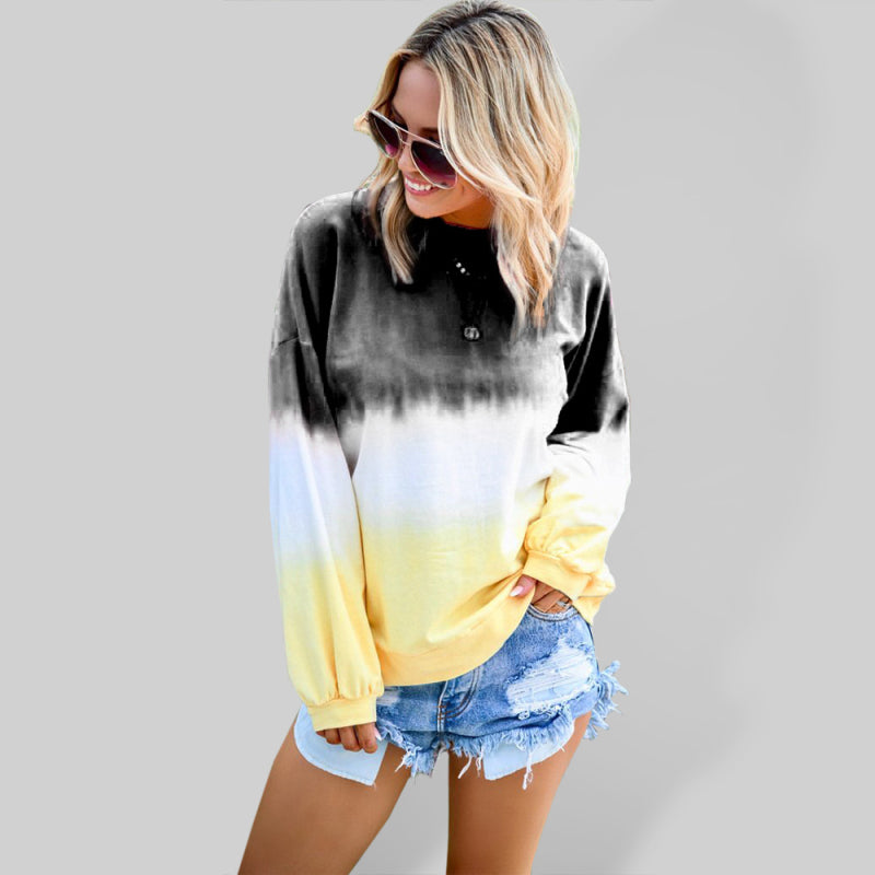 New Ladies Tie Dye Rainbow Gradient Print Long Sleeve Sweatshirt Black