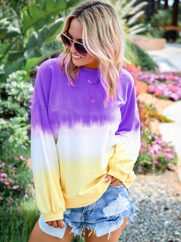 New Ladies Tie Dye Rainbow Gradient Print Long Sleeve Sweatshirt Purple