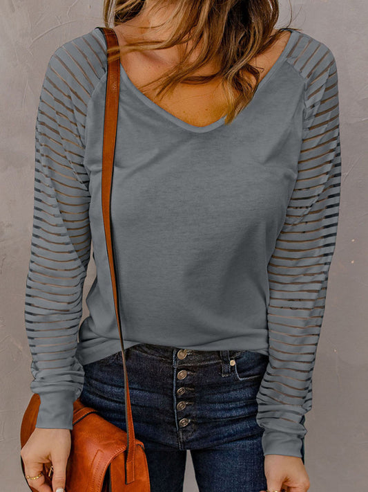 Women's stitching see-through striped long-sleeved V-neck T-shirt Grey