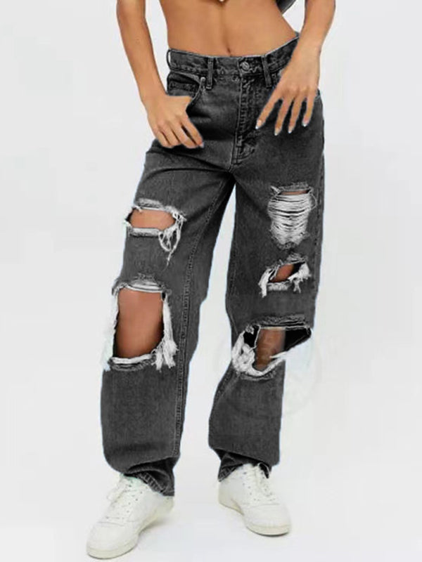 Women's Loose Ripped Straight Denim Trousers