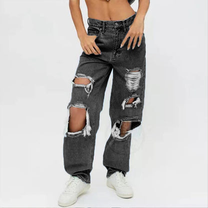 Women's Loose Ripped Straight Denim Trousers Black