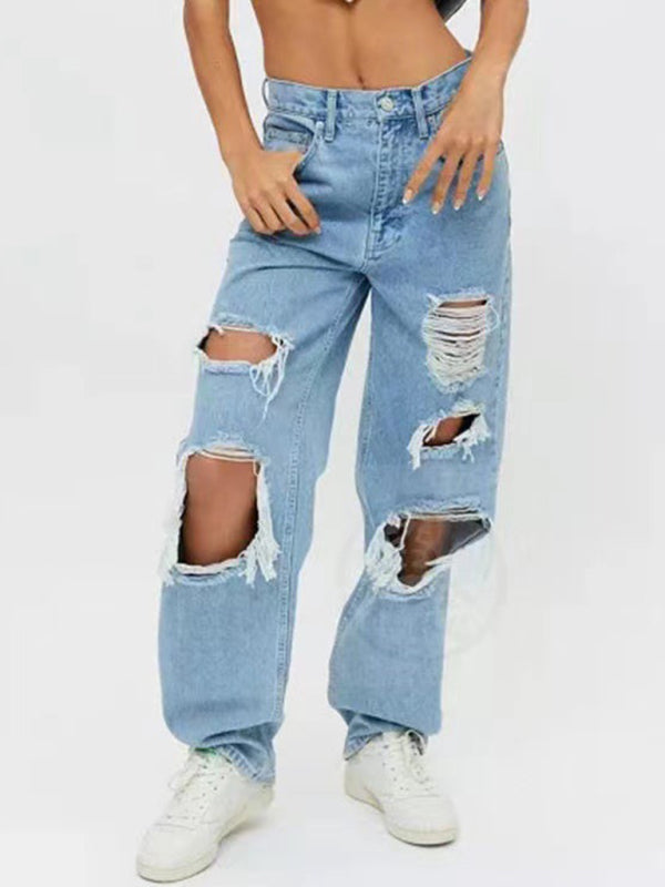 Women's Loose Ripped Straight Denim Trousers