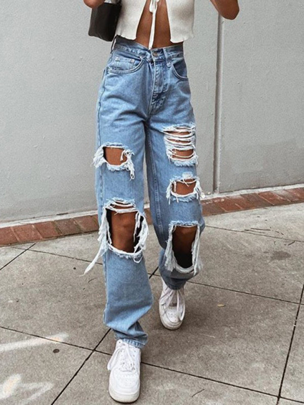 Women's Loose Ripped Straight Denim Trousers Sky blue azure