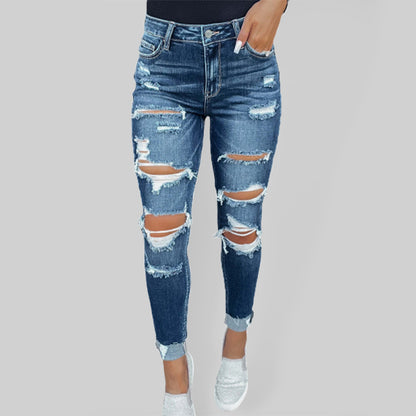 Stretch ripped denim trousers washed skinny feet tight buttocks fashion jeans for women Blue