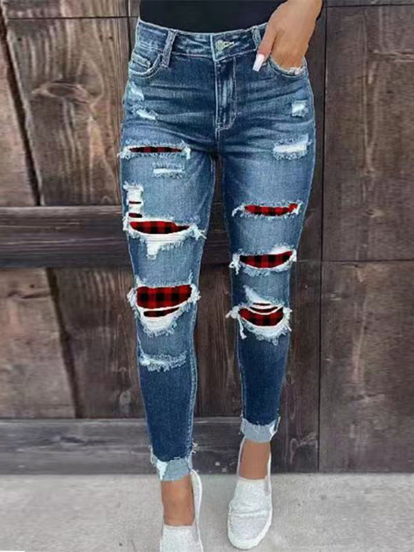 Stretch ripped denim trousers washed skinny feet tight buttocks fashion jeans for women Red