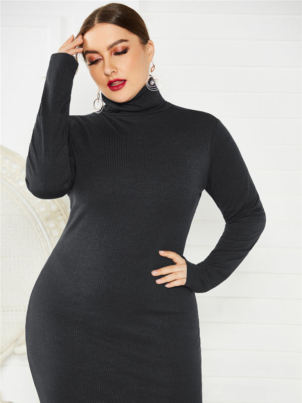 Women's Plus Size Solid Color Knit Turtleneck Long Sleeve Dress Black