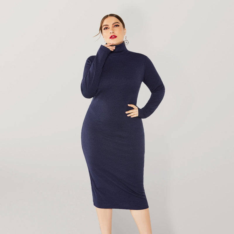 Women's Plus Size Solid Color Knit Turtleneck Long Sleeve Dress Purplish blue navy