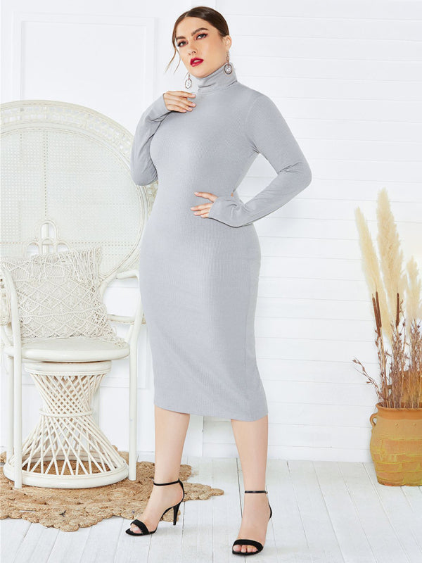 Women's Plus Size Solid Color Knit Turtleneck Long Sleeve Dress Grey