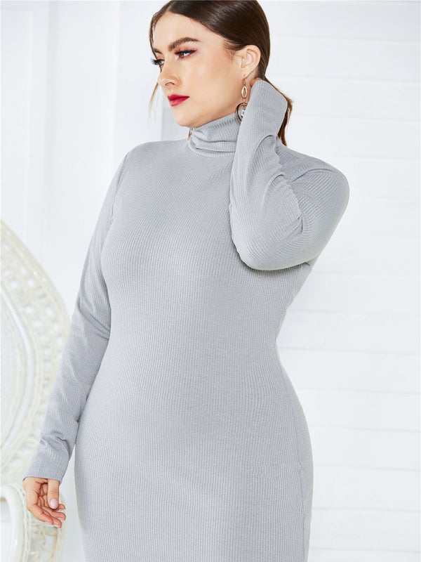 Women's Plus Size Solid Color Knit Turtleneck Long Sleeve Dress