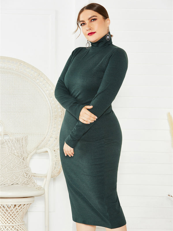 Women's Plus Size Solid Color Knit Turtleneck Long Sleeve Dress