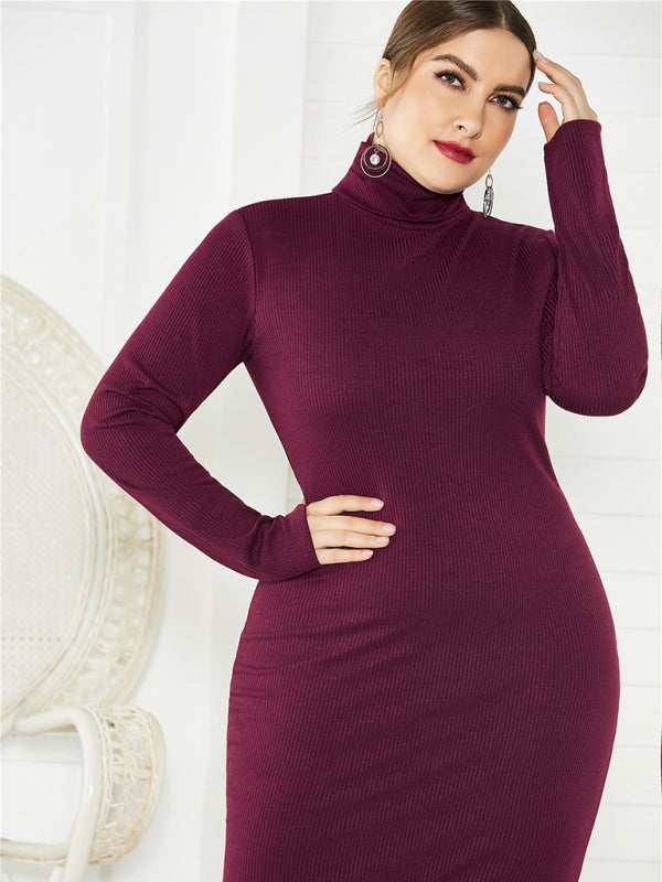 Women's Plus Size Solid Color Knit Turtleneck Long Sleeve Dress Wine Red