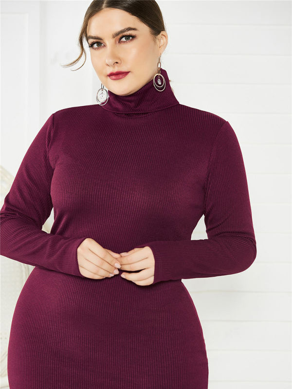 Women's Plus Size Solid Color Knit Turtleneck Long Sleeve Dress