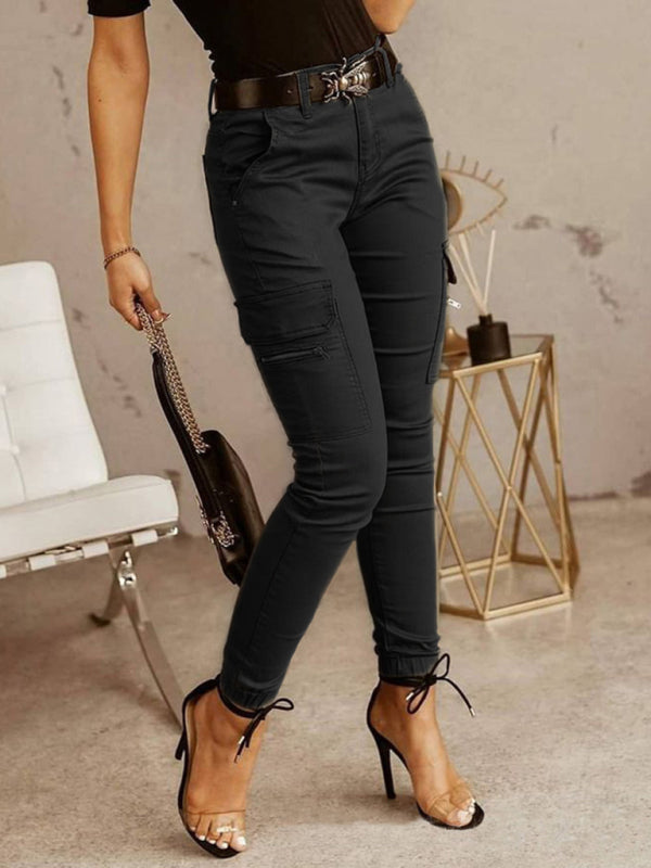 Women's trousers Low waist button solid color pocket bound overalls Black