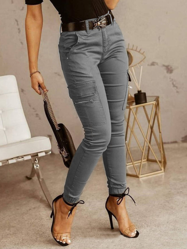 Women's trousers Low waist button solid color pocket bound overalls Grey