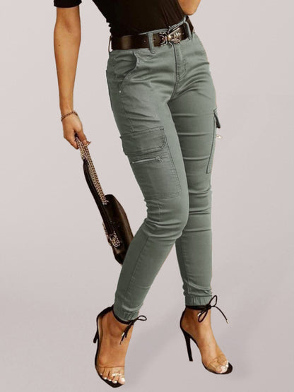 Women's trousers Low waist button solid color pocket bound overalls Green