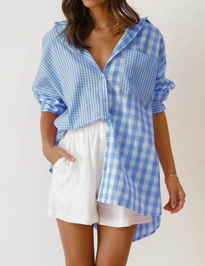 St. Patricks Day - Relaxed Long-Sleeve Plaid Shirt with Asymmetric Hem Blue