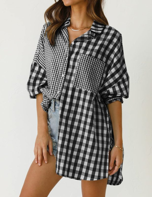 St. Patricks Day - Relaxed Long-Sleeve Plaid Shirt with Asymmetric Hem Black