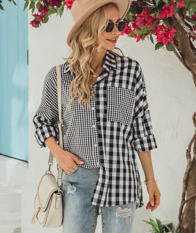 St. Patricks Day - Relaxed Long-Sleeve Plaid Shirt with Asymmetric Hem