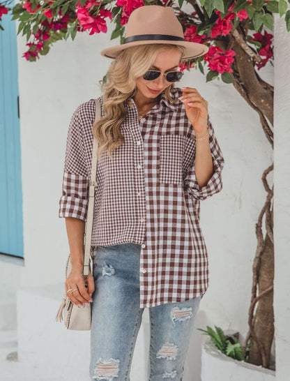 St. Patricks Day - Relaxed Long-Sleeve Plaid Shirt with Asymmetric Hem