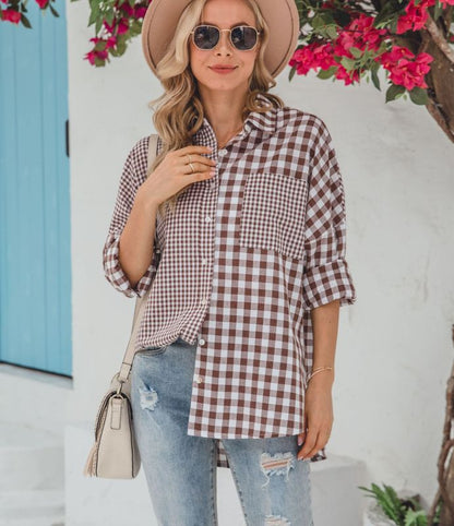 St. Patricks Day - Relaxed Long-Sleeve Plaid Shirt with Asymmetric Hem