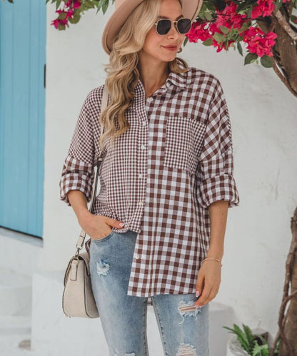 St. Patricks Day - Relaxed Long-Sleeve Plaid Shirt with Asymmetric Hem