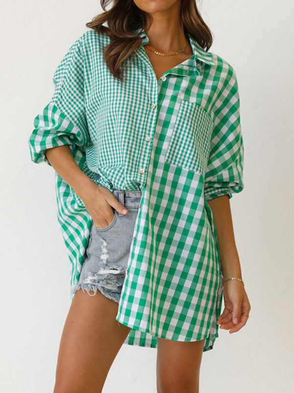 St. Patricks Day - Relaxed Long-Sleeve Plaid Shirt with Asymmetric Hem