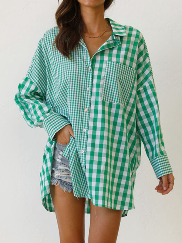 St. Patricks Day - Relaxed Long-Sleeve Plaid Shirt with Asymmetric Hem