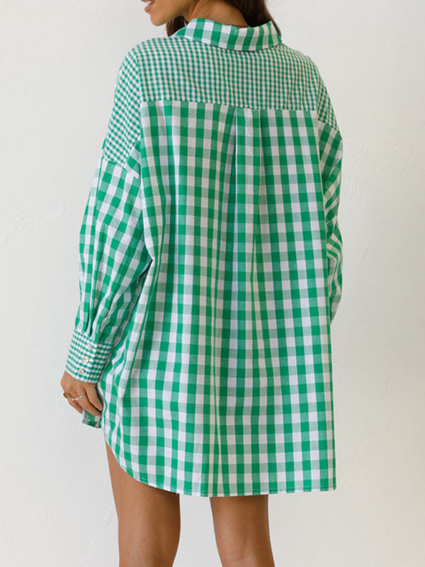 St. Patricks Day - Relaxed Long-Sleeve Plaid Shirt with Asymmetric Hem
