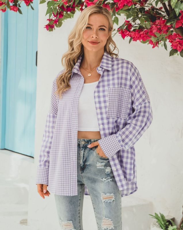 St. Patricks Day - Relaxed Long-Sleeve Plaid Shirt with Asymmetric Hem Purple