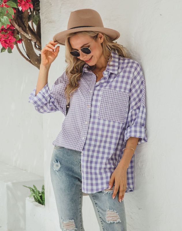 St. Patricks Day - Relaxed Long-Sleeve Plaid Shirt with Asymmetric Hem