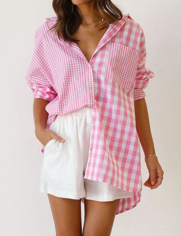 St. Patricks Day - Relaxed Long-Sleeve Plaid Shirt with Asymmetric Hem Pink