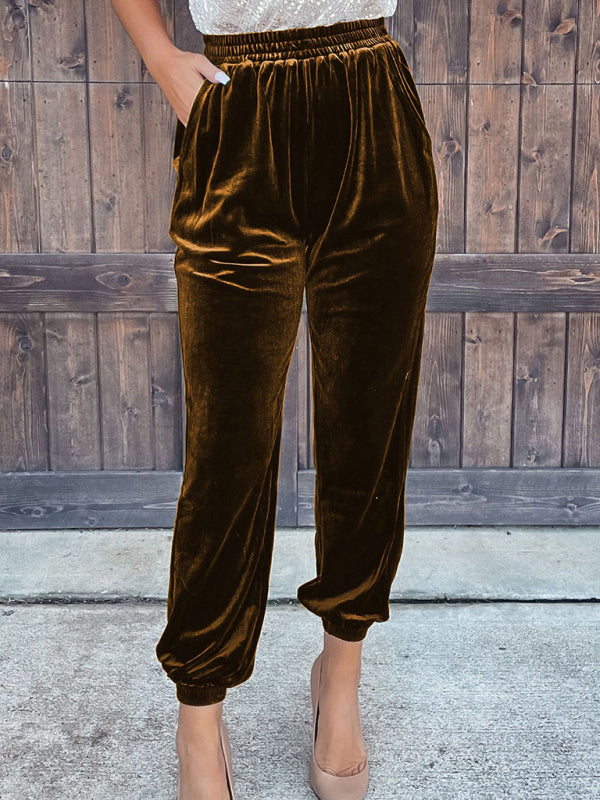 Women's Solid color elasticated waist casual pants Brown