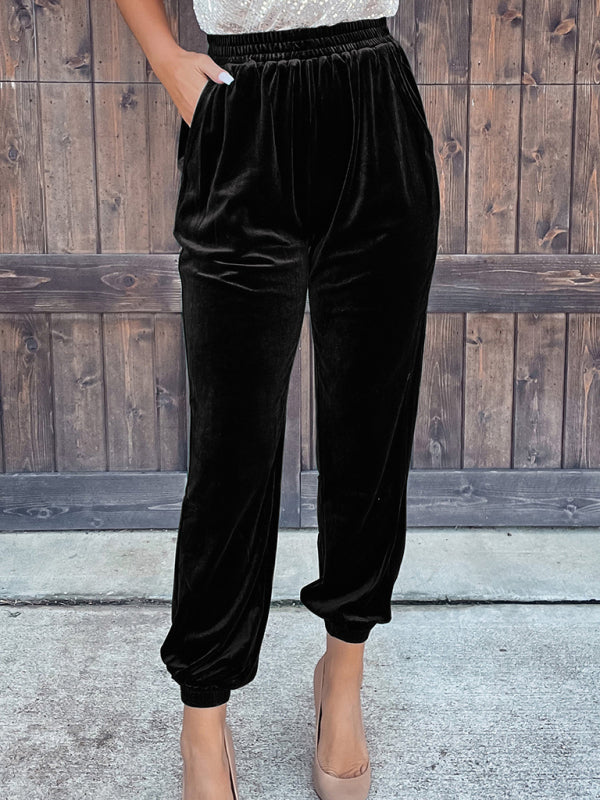 Women's Solid color elasticated waist casual pants Black