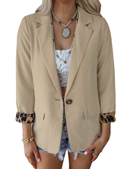 Women's woven stitching leopard print long-sleeved casual suit Cracker khaki