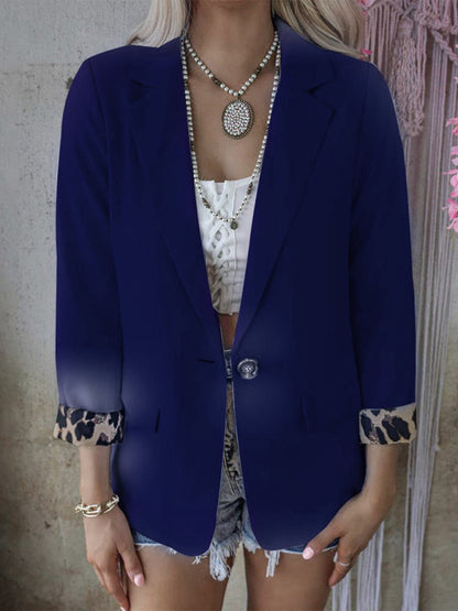 Women's woven stitching leopard print long-sleeved casual suit Purplish blue navy