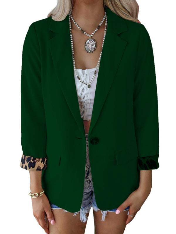 Women's woven stitching leopard print long-sleeved casual suit Green black jasper