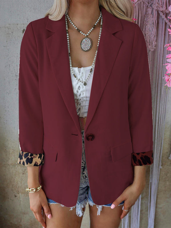 Women's woven stitching leopard print long-sleeved casual suit Dark Red