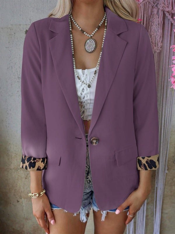 Women's woven stitching leopard print long-sleeved casual suit Purple