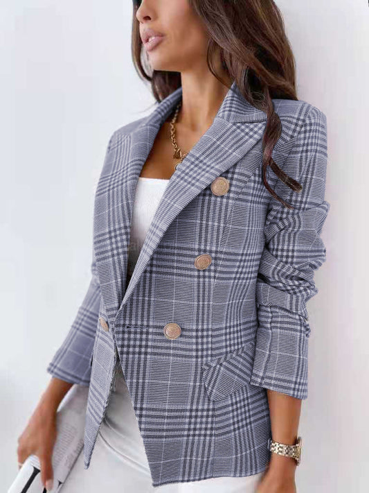 Women's fitted check double-breasted blazer White