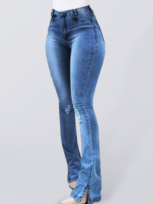Elastic slit flared high waist jeans women's trousers Royal blue