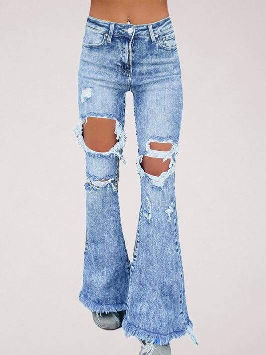 New women's ripped tassel flared jeans Blue