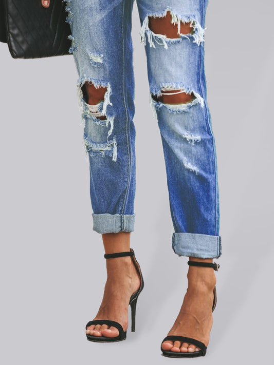 New casual washed ripped straight leg street style jeans Blue