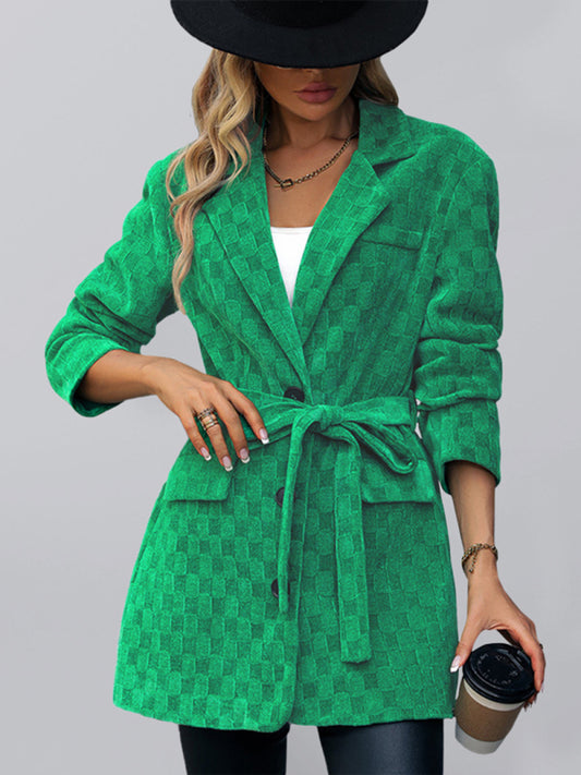 Women's Tie Checkerboard Corduroy Blazer Green