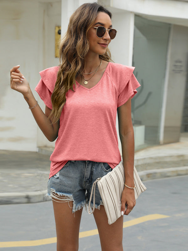 Women's Solid V-Neck Ruffle Sleeve Tee Pink